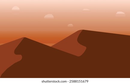 A desert scene with mountains in the background. The sky is orange and the mountains are brown. The scene is peaceful and serene