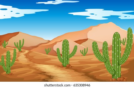 Desert scene with mountains and cactus illustration