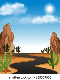 Desert Scene With Road And Cactus Illustration