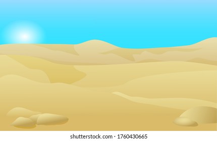 Escena del desierto con piedras de arena y olas. Ilustración vectorial de fondo, fondo de pantalla. Hermoso paisaje de verano para publicidad de viajes, viajes de vacaciones, consejos de viajes, afiches, diseño web