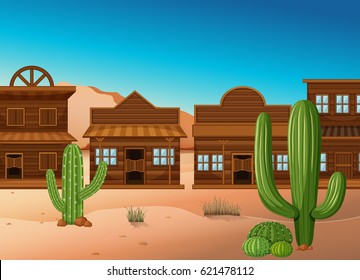 Escena del desierto con tiendas e ilustración de cactus