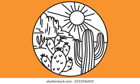 uma cena desértica sob um sol brilhante, com vários tipos de cactos, incluindo pera espinhosa e saguaro, com um pano de fundo de montanhas rochosas e um céu claro.