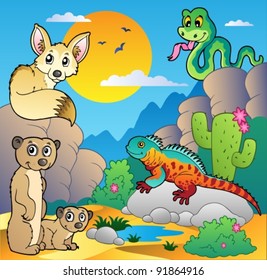 Desert scene with various animals 4 - vector illustration.