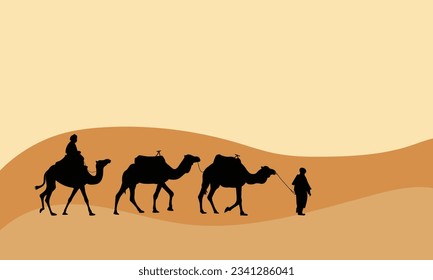 Desert scenery beautiful bright sky on the desert with camel. vector illustration. view of caravan traveling and camels shadows on the sand dune in desert