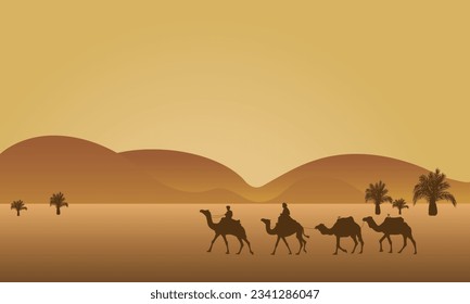 Desert scenery beautiful bright sky on the desert with camel. vector illustration. view of caravan traveling and camels shadows on the sand dune in desert