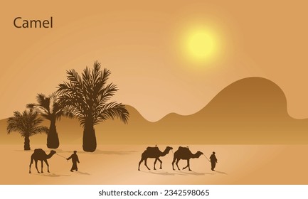 Un paisaje desierto con un hermoso cielo brillante en el desierto con camellos. ilustración vectorial. vista de caravanas y camellos sombras sobre la duna de arena en el desierto