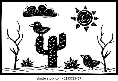 Desert scenery of Brazil, birds and cactus. Woodcut style. Separate vectors.
