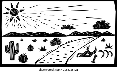 Desert scenery of Brazil. scorching sun in Woodcut style. Separate vectors.