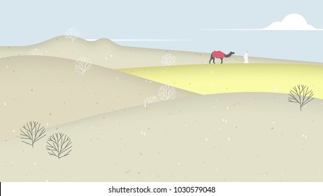 Desert scenery landscape, man with his camel walking through desert