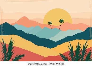 Desert scenery paper style with Boho style in earth tone. Vector illusion. wallpaper, poster, postcard, banner, giftshop.