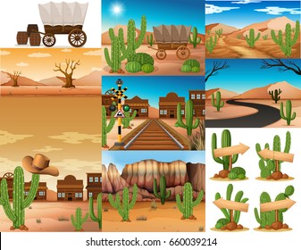 Desert scenes with cactus and buildings illustration