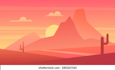 Wüste landschaftliche Landschaft Vektorgrafik. Cartoon-Flachpanoramapanorama mexikanische Sandwüstenlandschaft mit Kakteen, aufgehende Sonne hinter Bergen-Silhouetten, Sonnenuntergang oder Sonnenaufgang heißer natürlicher Hintergrund