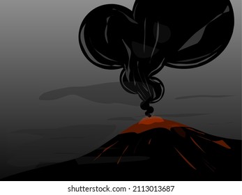 Desert sea or sea, uninhabited island beach night landscape with active, ready for volcanic eruption, fiery top mountain glowing in darkness cartoon vector illustration. Tectonic or volcanic activity