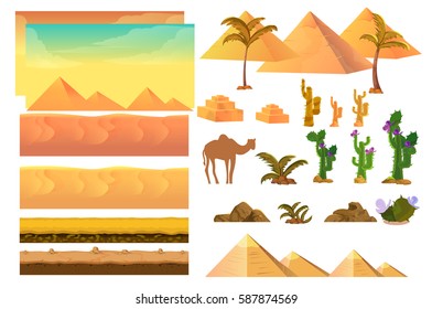 Desert seamless background elements, cartoon illustration for mobile app, web, game with cactuses.