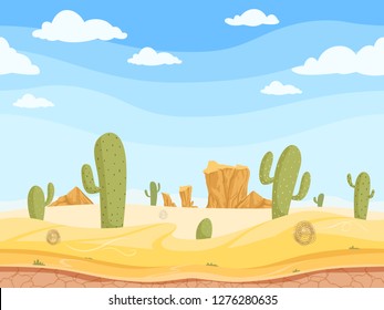 Desert seamless background. Wild west game outdoor western canyon landscape with stones rock sand cactuses vector cartoon illustration