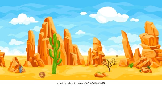 Desert seamless landscape. Cartoon western 2d game level parallax far background, sand dry orange ground and sky comic wild west mexico arid scenery, ingenious vector illustration