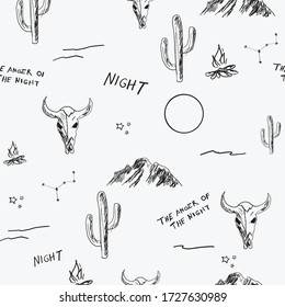 Desert seamless pattern with arizona, night, and cacti. Mountains and stars white background.