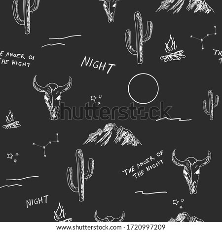 Desert seamless pattern with arizona, night, and cacti. Mountains and stars background.