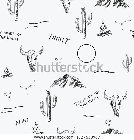 Desert seamless pattern with arizona, night, and cacti. Mountains and stars white background.