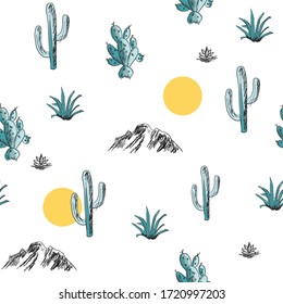 Desert seamless pattern with arizona, sun, and cacti. Mountains and plants background.