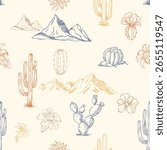 Desert seamless Pattern design. hand drawn mountain, cactus, flowers together make pattern background. retro color desert fabric fashion print design. t shirt design for summer session