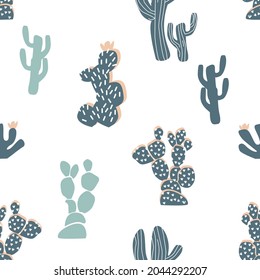 Patrón ininterrumpido del desierto. Bonitos cactus y de fondo blanco. Cactus de patrón. Fondo Hipster.  Botánica del desierto