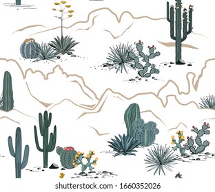 Desert seamless pattern with mountains, blooming cacti, opuntia, blue agave, and saguaro. Vector background.