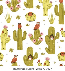 Desert seamless pattern with owls and cacti. Vector graphics.