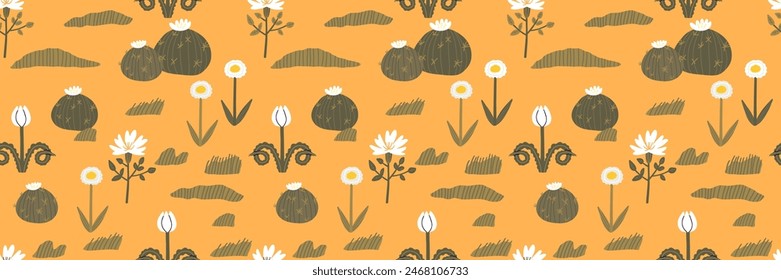 Desert seamless pattern. Sand, heat, cacti, flat style. Hand drawn vector illustration.