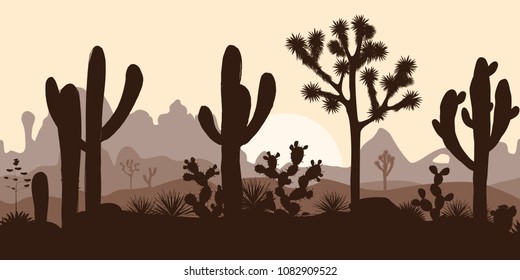 Nahtloses Muster der Wüste mit Silhouetten von Joshua-Bäumen, Opuntia und Saguaro-Kakteen. Berge Hintergrund.