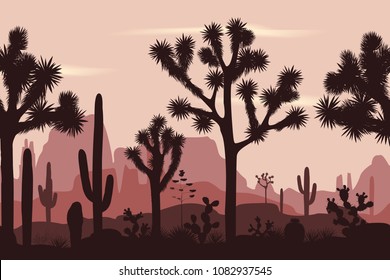 Desert seamless pattern with silhouettes of joshua trees, opuntia, and saguaro cacti. Mountains background.