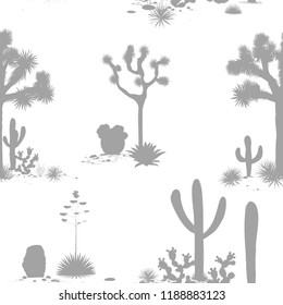 Desert seamless pattern with silhouettes of joshua trees, opuntia, and saguaro cacti. Cactus background.
