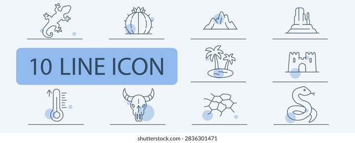 Desert set icon. Lizard form, barrel cactus, mountain range, rock mesa, palm island, sand castle, hot thermometer, bull skull, cracked ground, snake form.