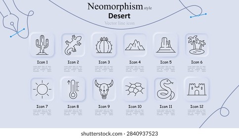 Desert set icon. Tall cactus, walking lizard, round cactus, distant peaks, mesa rock, palm oasis, bright sun, heat thermometer, bull skull, cracked earth, coiled snake, sand castle. Soft frames.