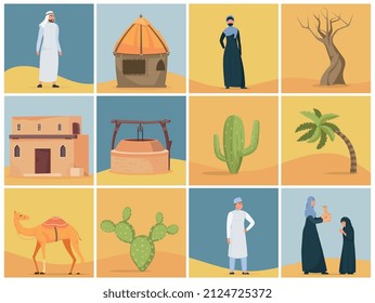 Desierto con composiciones cuadradas aisladas de paisajes salvajes edificios históricos y lugareños en ilustración vectorial de ropa tradicional