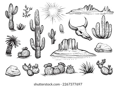 Desert set vector sketches. Hand drawn black and white line cactus, rocks, skull, and elements of the landscape.