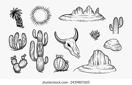 Desert set vector sketches. Hand drawn black and white line cactus, rocks, skull, and elements of the landscape.