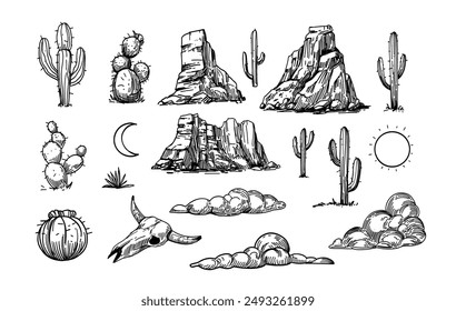 Desert set, wild west, arizona, realistic sketch, hand drawn vector