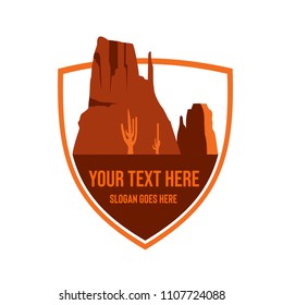 Desert and shield illustration logo with rocky mountains, cactus, suit for marketing materials, tourism organizations, outdoor events and camping leisure