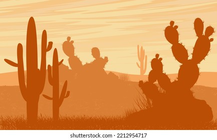 Desert silhouette with cacti and stones. Vector landscape