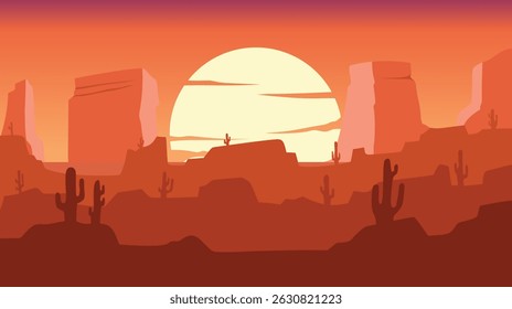 Desert Silhouette Landscape With Towering Rock And Cactus, Sunset Scenery, nature theme background
