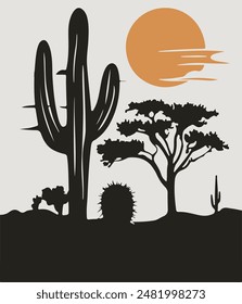 Desert Silhouette Sunset Scene with Cactus and Acacia Tree on White Background