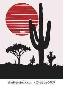 Desert Silhouette Sunset Scene Cactus and Acacia Tree on White Background, Minimalist Vector Art