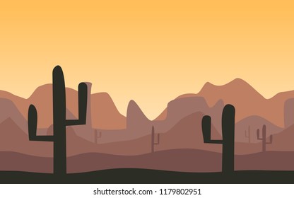 Desert. Silhouettes of cacti and slopes. Vector image in minimalist style