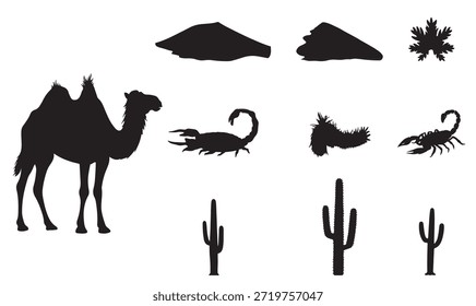 Silhouetten-Set für die Wüste - Schwarzes Kamel, Skorpion und Kakteen einzeln auf Weiß