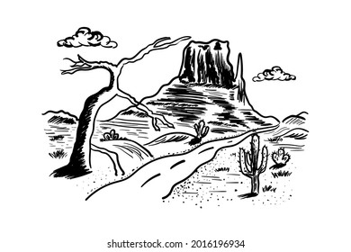 desert sketch american rocks, landscape of cactuses and roads.Vector drawn illustration