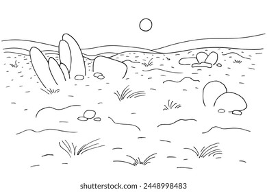 Desert sketch landscape with sand, hills, stones, dune, sun in ink line art. Hand drawn vector illustration on isolated background. Black and white panorama with the untrodden deserted range  