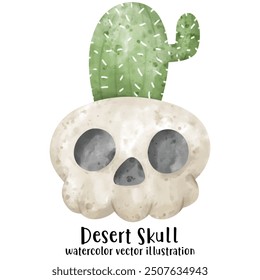 Desert Skull, Cactus, Skull, watercolor style. Happy Halloween