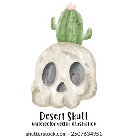 Desert Skull, Cactus, Skull, watercolor style. Happy Halloween