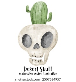 Desert Skull, Cactus, Skull, watercolor style. Happy Halloween